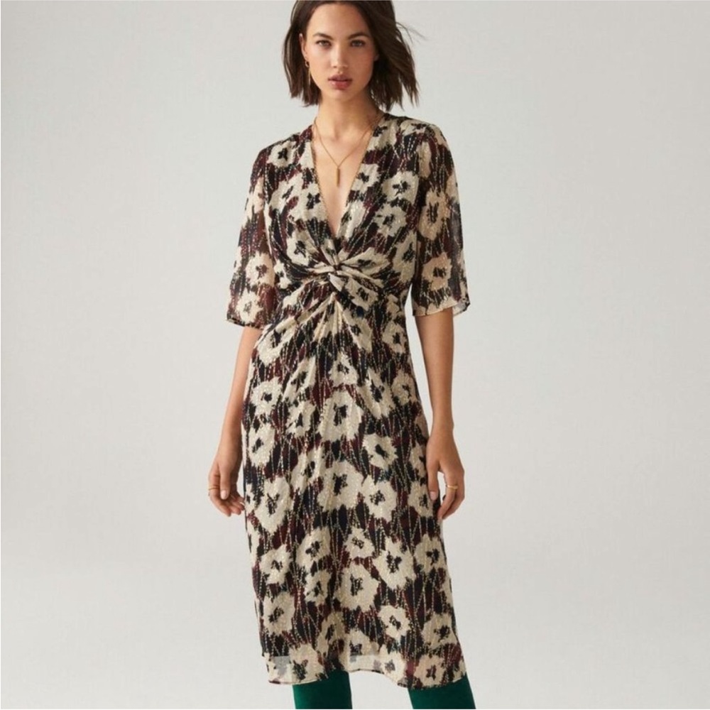 ba&sh Cream, Black and Brown Floral Twist-Front Midi Dress
